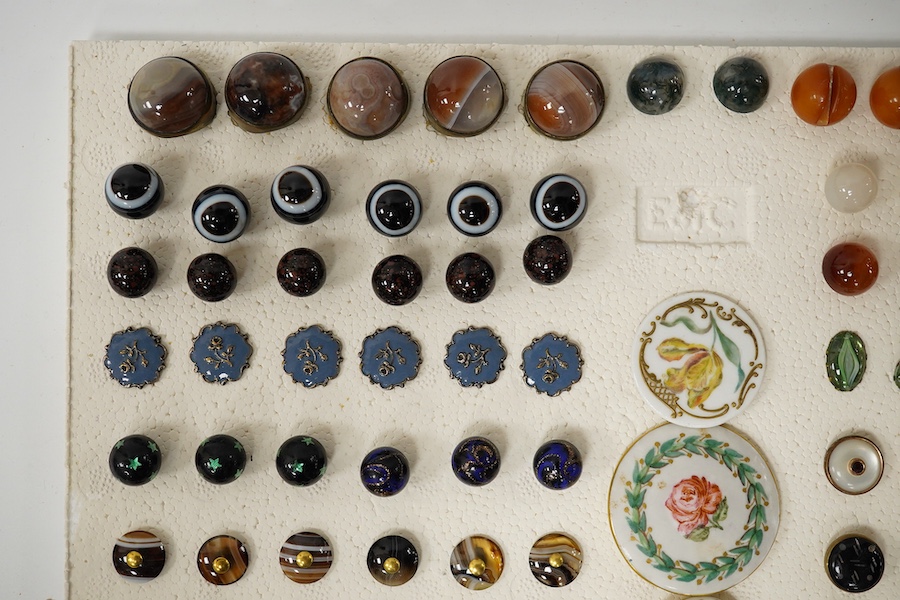 A collection of early 20th century buttons, including agate, ceramic and enamel, largest 43mm. Condition - good